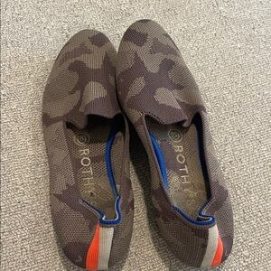 Rothy's Brown/Gray Camo Slip-On Loafers with Orange Heel Accent